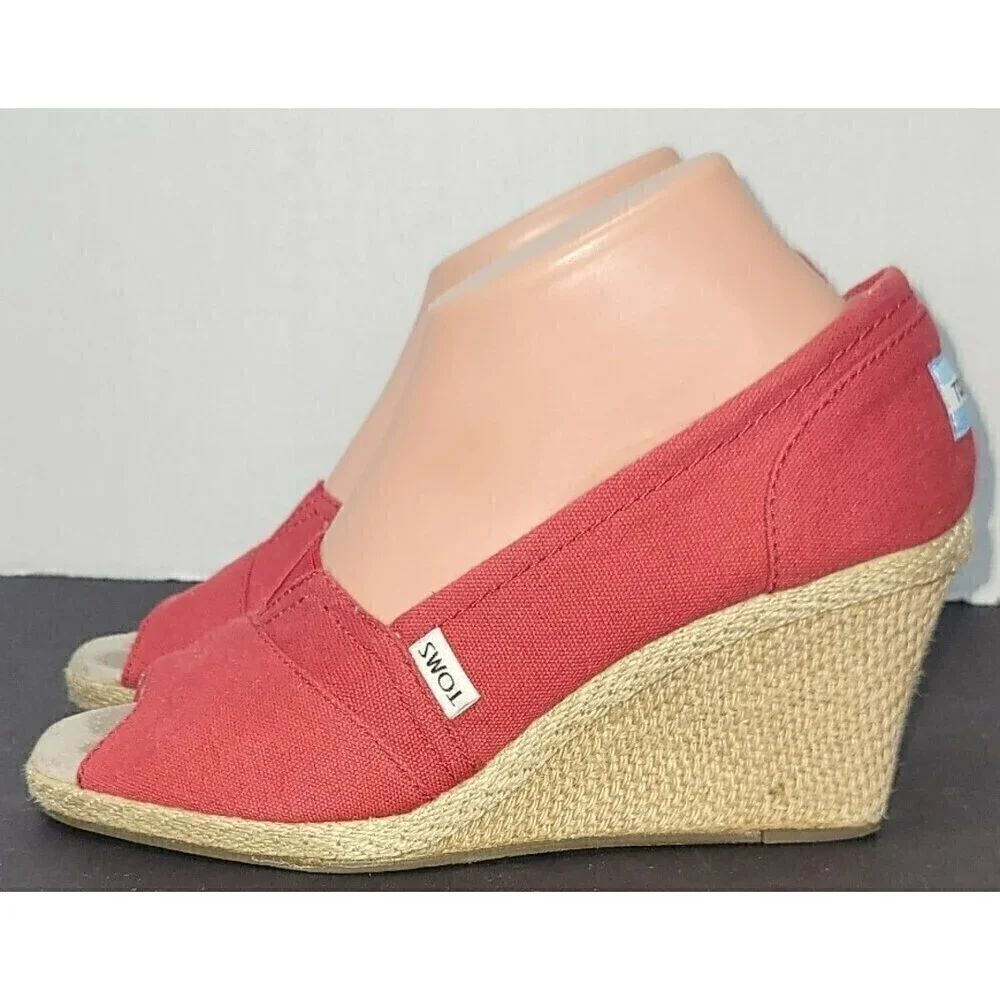 Tom's Red Canvas Wedge Espadrille - Size 9